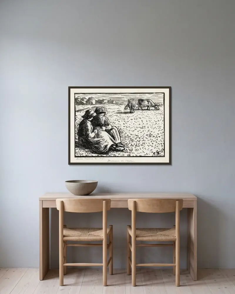 Zwei Viehhirtinnen von Lucien Pissarro gerahmt an einer Wand