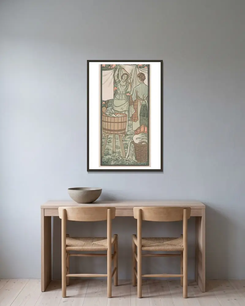 Två kvinnor hänger upp sin tvätt av Lucien Pissarro inramad på en vägg