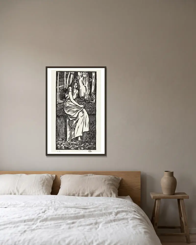 Kvinna i en skog av Lucien Pissarro inramad på en vägg