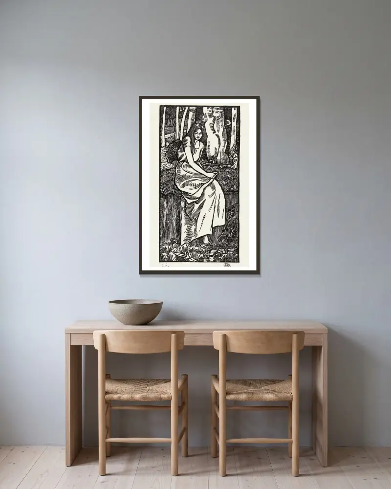 Kvinna i en skog av Lucien Pissarro inramad på en vägg