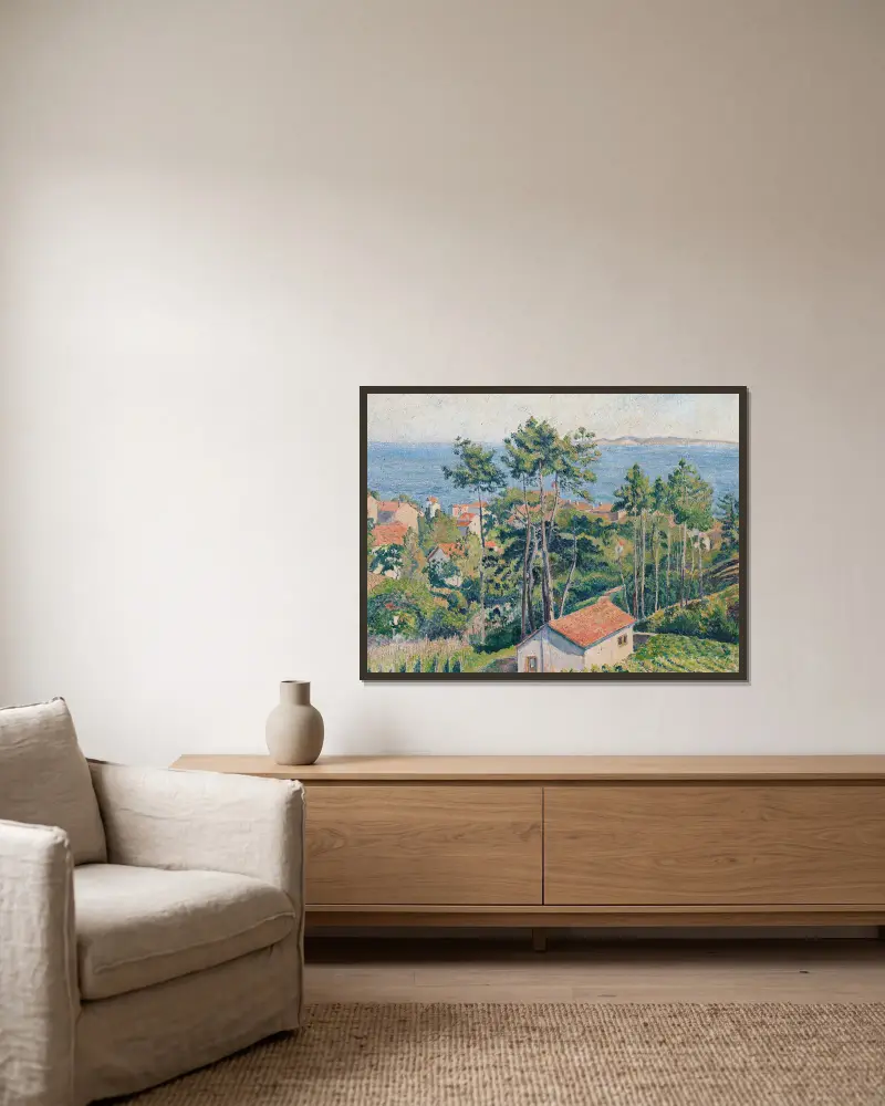 Utsikt över Lavandou med blått hav av Lucien Pissarro inramad på en vägg