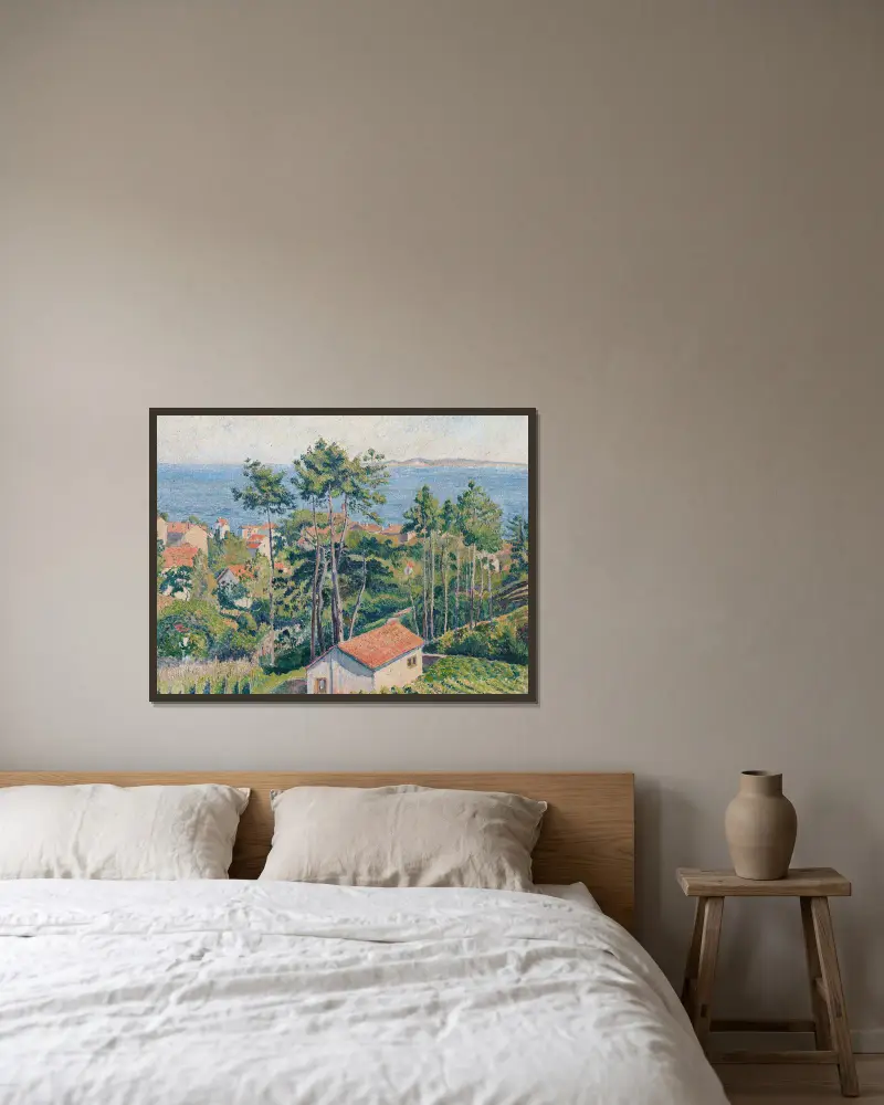 Utsikt över Lavandou med blått hav av Lucien Pissarro inramad på en vägg