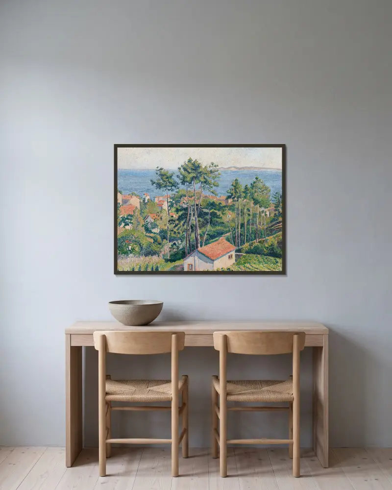 Utsikt över Lavandou med blått hav av Lucien Pissarro inramad på en vägg