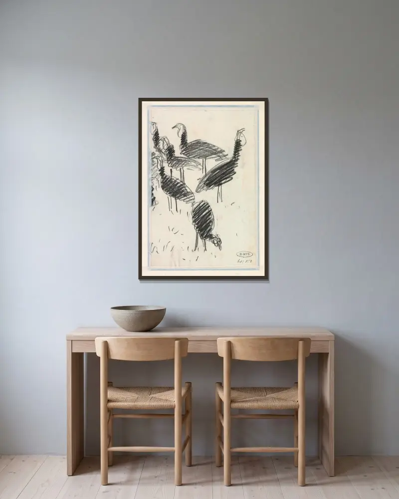 Zes vogels av Lucien Pissarro inramad på en vägg