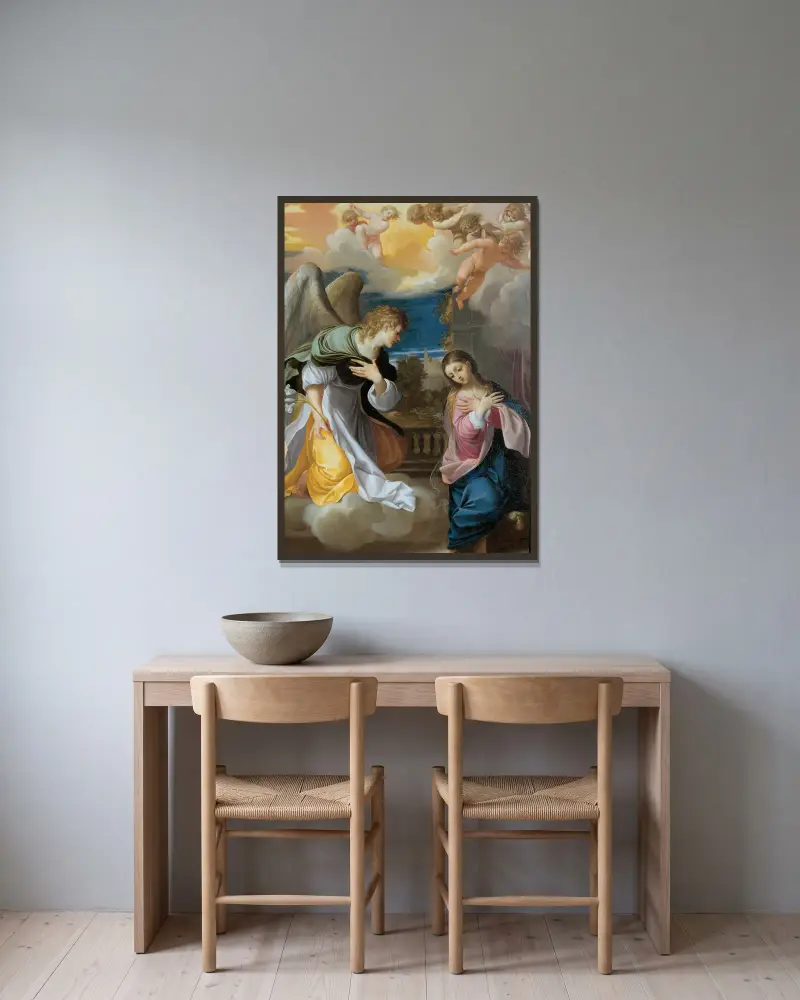 Annunciation, 1603 av Ludovico Carracci inramad på en vägg