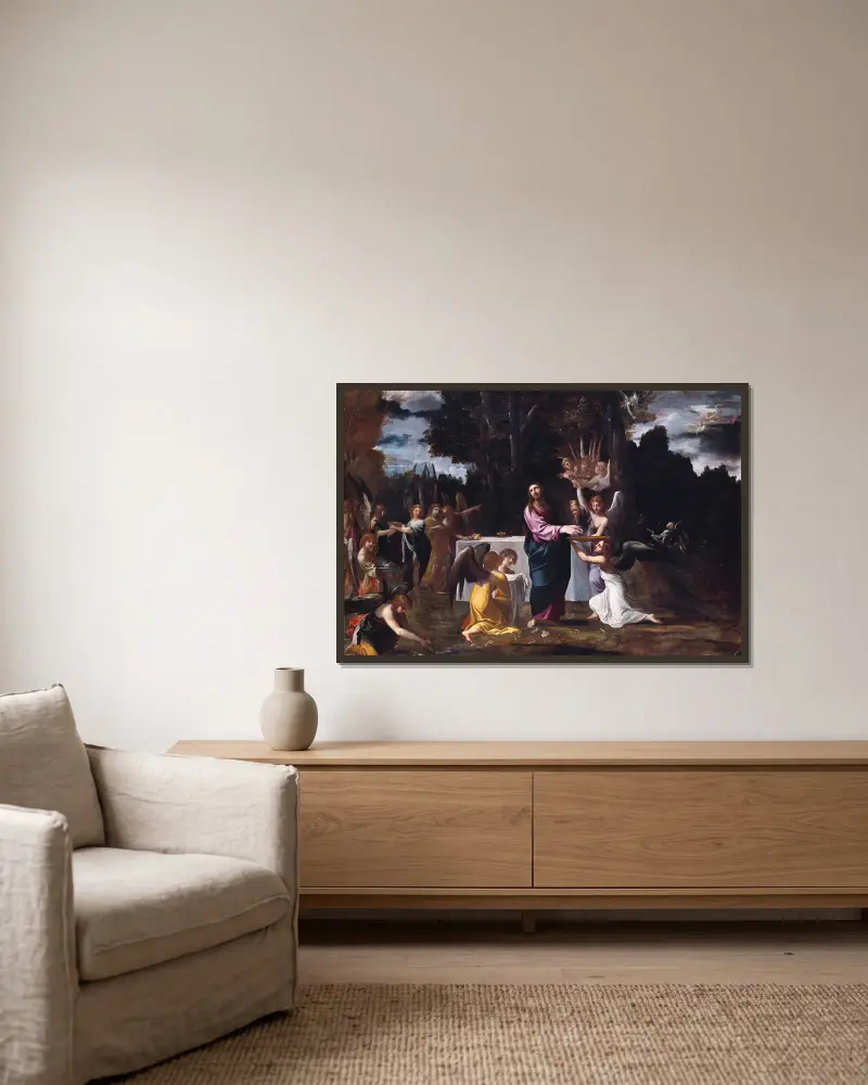 Kristus i öknen, betjänad av änglar av Ludovico Carracci inramad på en vägg