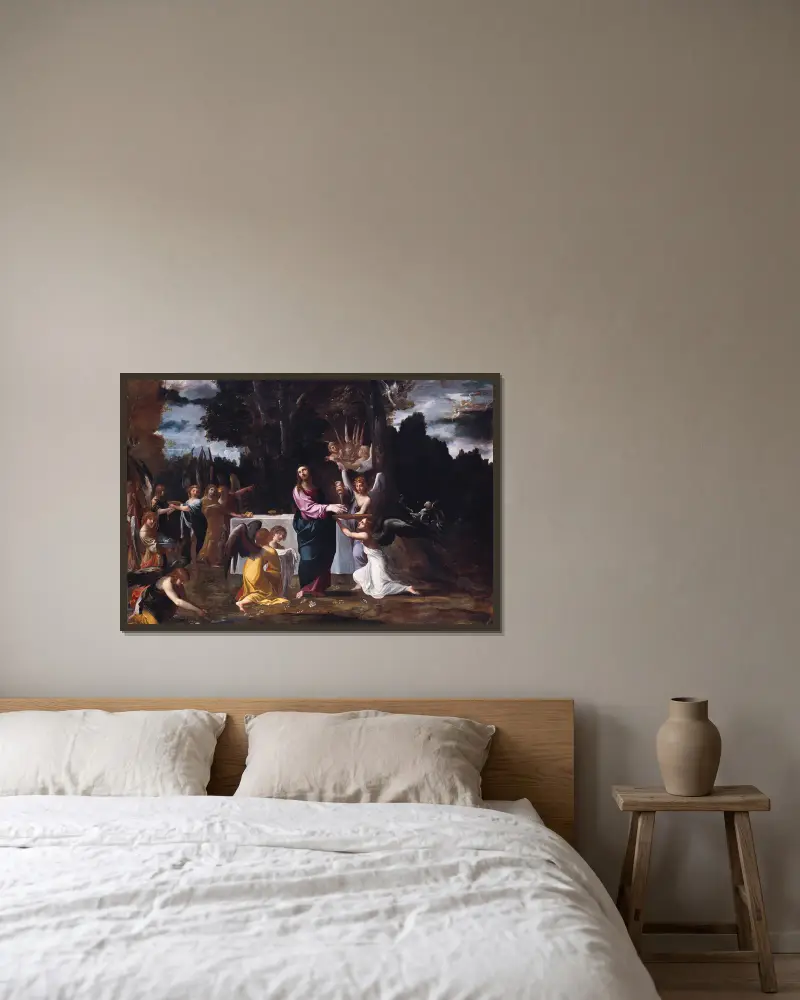 Kristus i öknen, betjänad av änglar av Ludovico Carracci inramad på en vägg