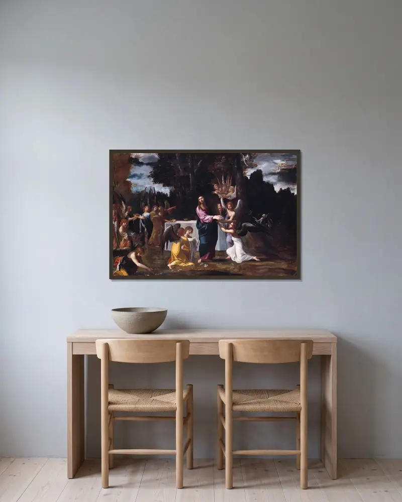 Kristus i öknen, betjänad av änglar av Ludovico Carracci inramad på en vägg