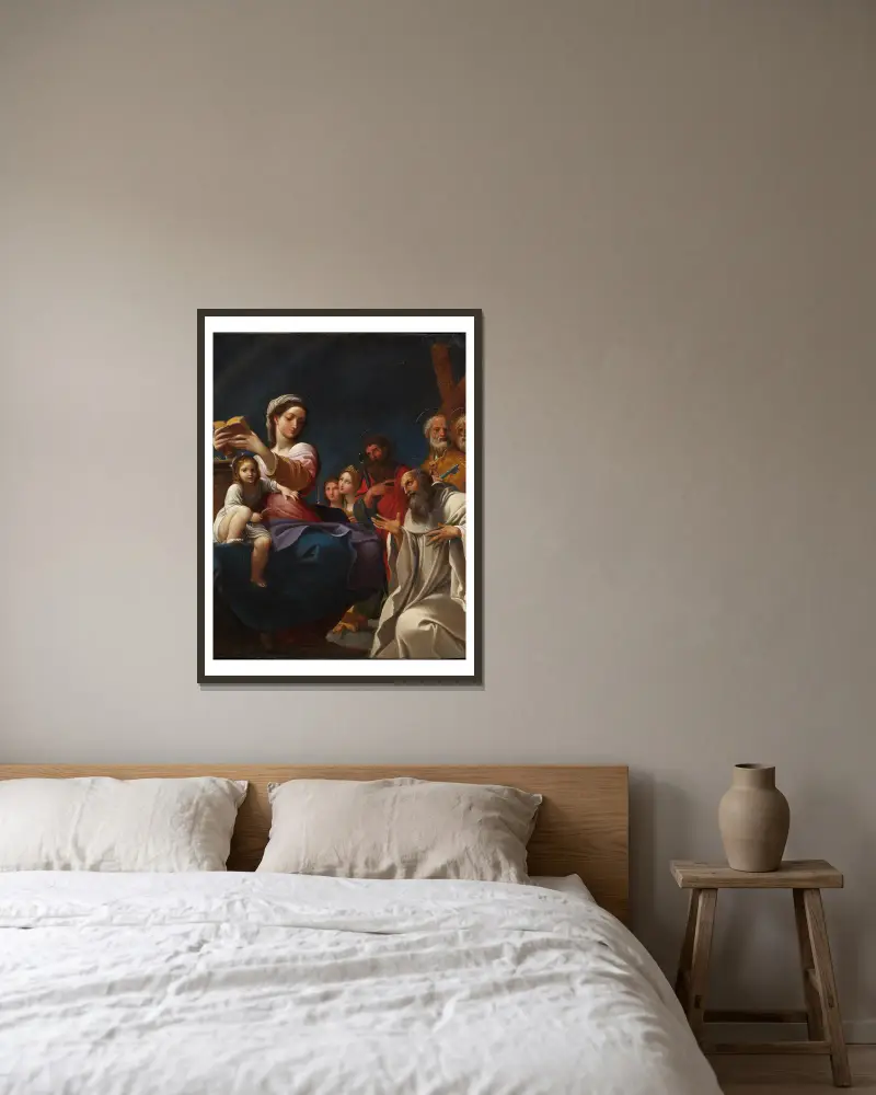 Madonnan och barnet med helgon av Ludovico Carracci inramad på en vägg