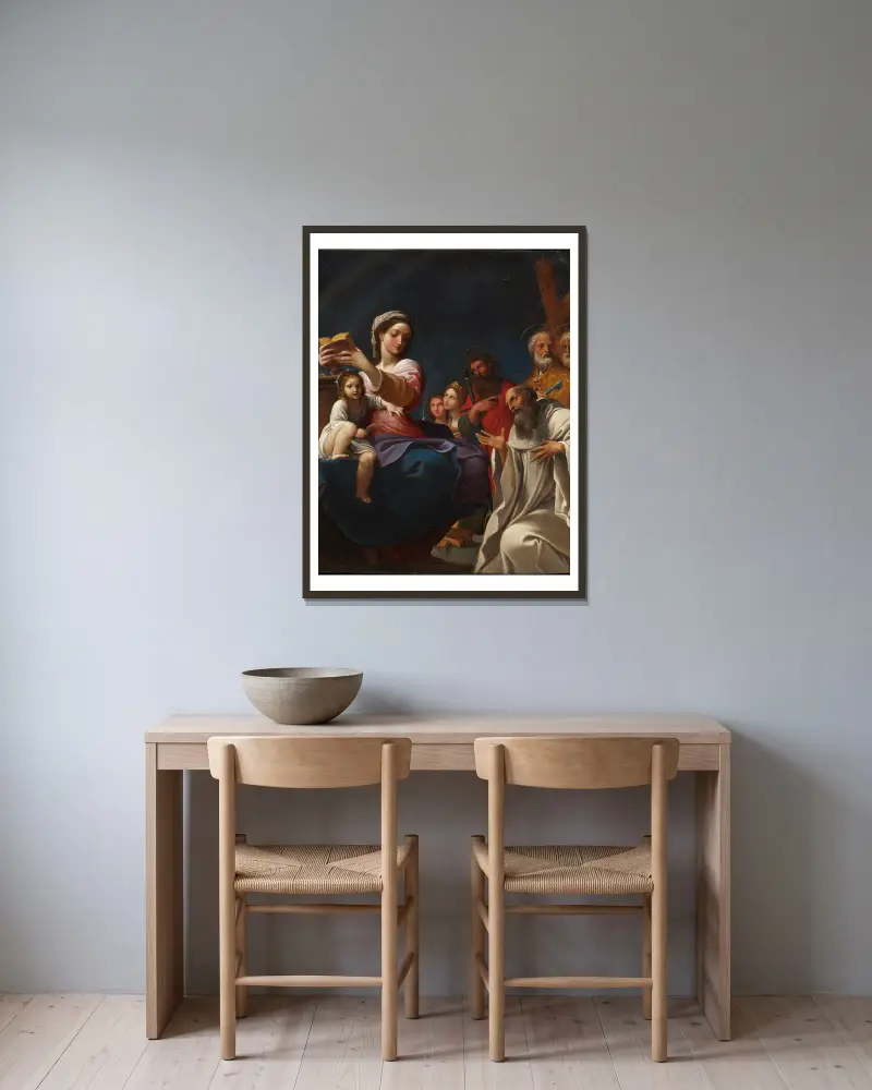 Madonnan och barnet med helgon av Ludovico Carracci inramad på en vägg