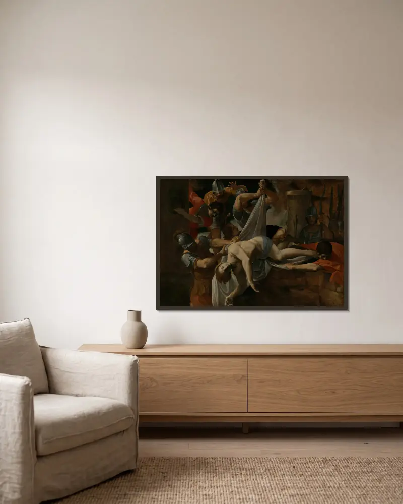 Der heilige Sebastian wird in die Cloaca Maxima geworfen von Ludovico Carracci gerahmt an einer Wand