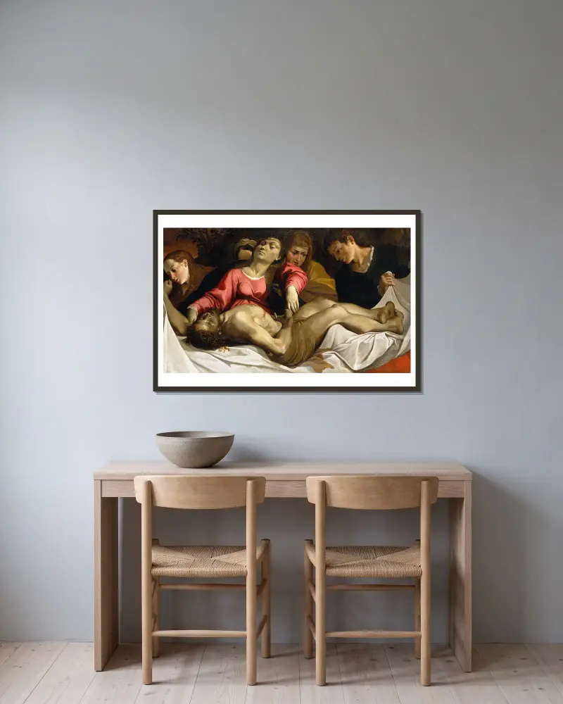 The Lamentation av Ludovico Carracci inramad på en vägg