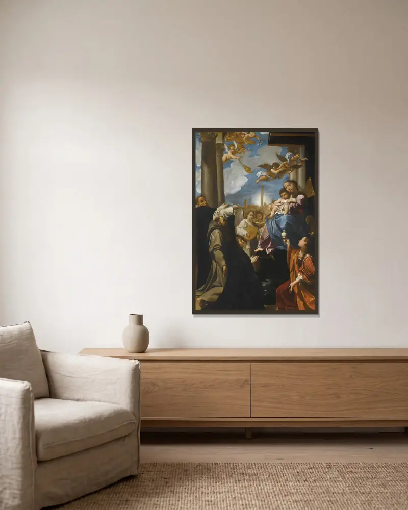 Madonnan och barnet på tronen med änglar, helige Dominicus, helige Franciskus, Magdalena och en kvinnlig donator; 'Bargellini-Madonnan' av Ludovico Carracci inramad på en vägg