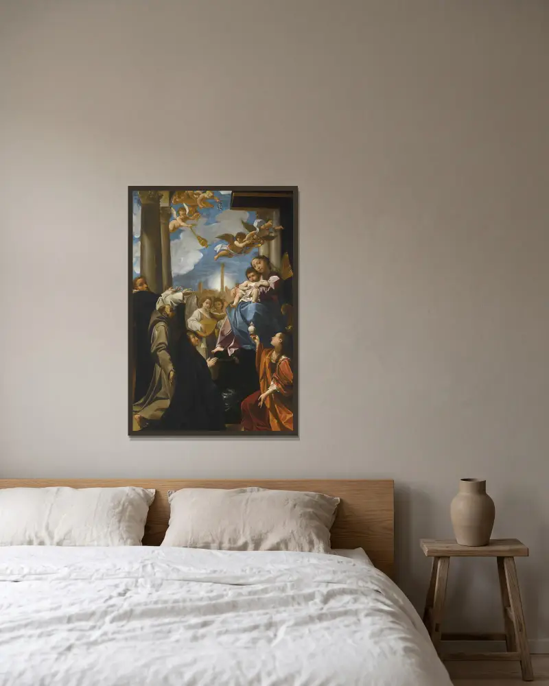 Madonnan och barnet på tronen med änglar, helige Dominicus, helige Franciskus, Magdalena och en kvinnlig donator; 'Bargellini-Madonnan' av Ludovico Carracci inramad på en vägg