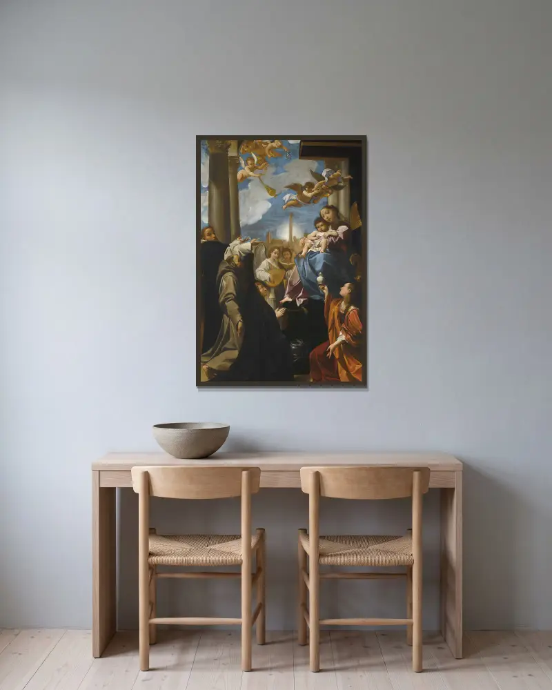Madonnan och barnet på tronen med änglar, helige Dominicus, helige Franciskus, Magdalena och en kvinnlig donator; 'Bargellini-Madonnan' av Ludovico Carracci inramad på en vägg