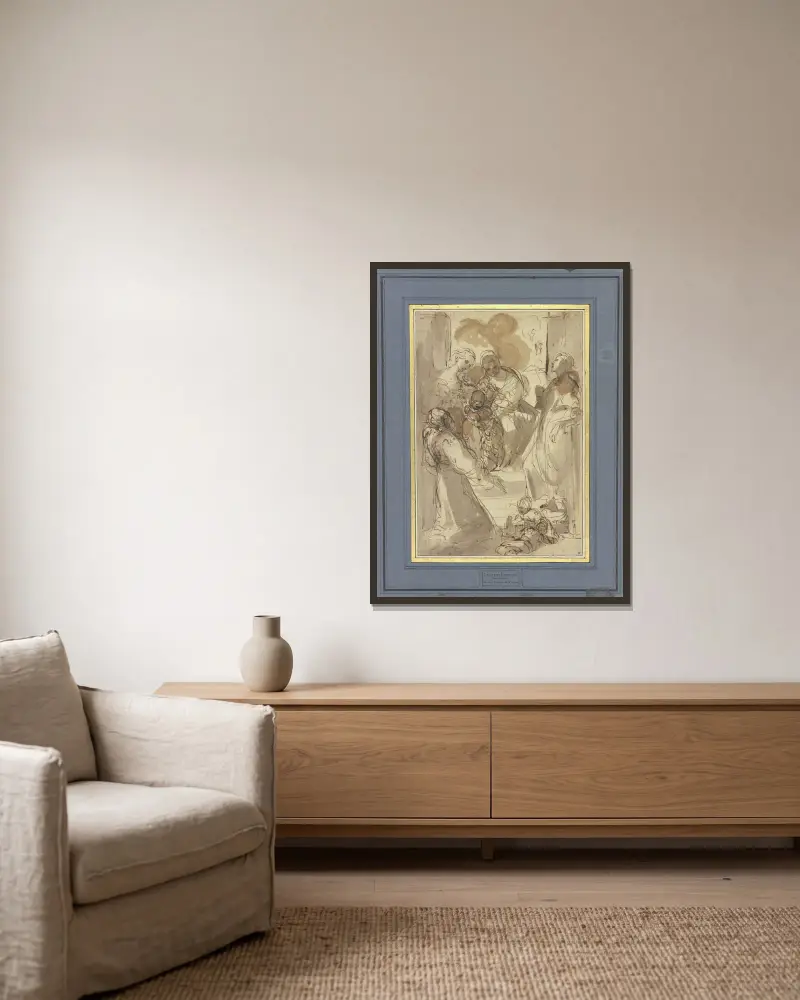 Madonna mit Kind und den Heiligen Katharina, Johannes Evangelist und Franziskus von Ludovico Carracci gerahmt an einer Wand