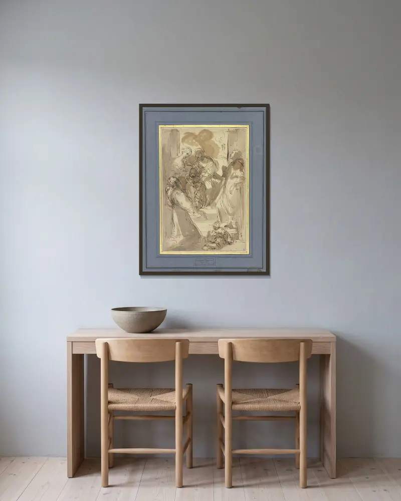 Madonna mit Kind und den Heiligen Katharina, Johannes Evangelist und Franziskus von Ludovico Carracci gerahmt an einer Wand