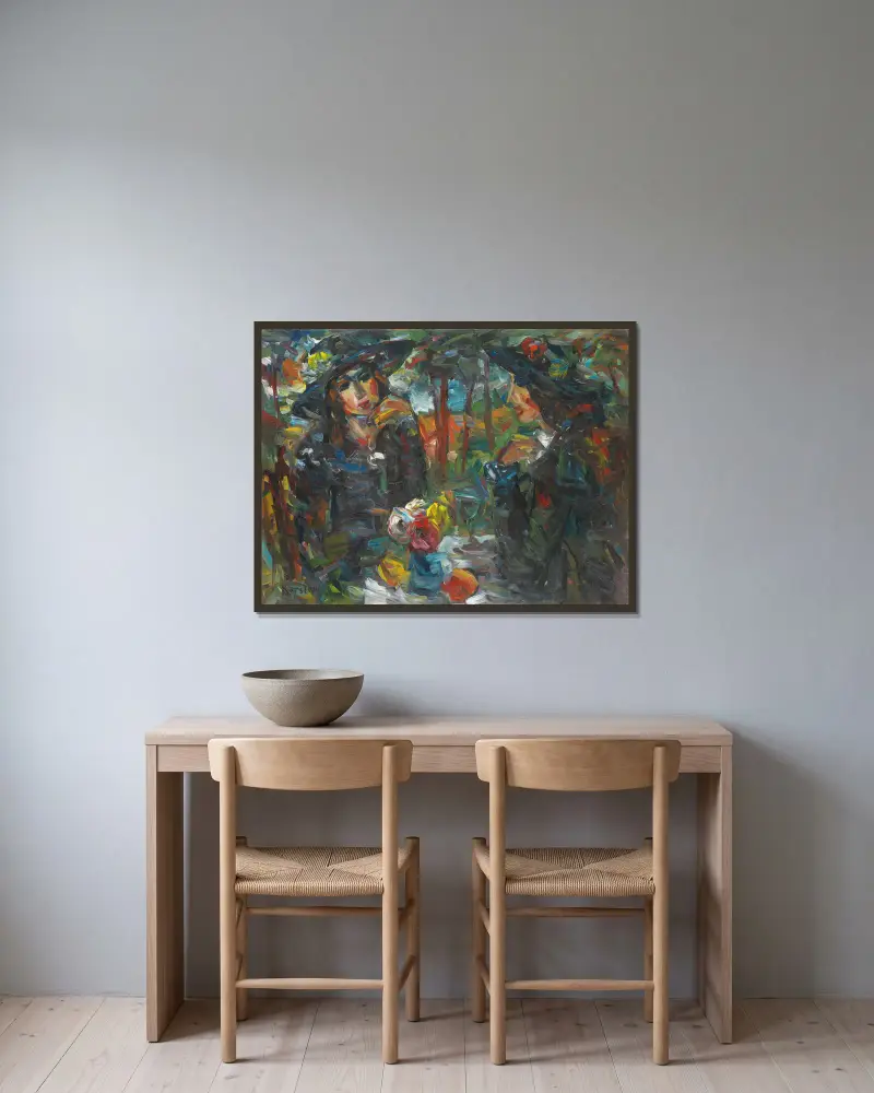Två kvinnor vid ett bord av Ludvig Karsten inramad på en vägg