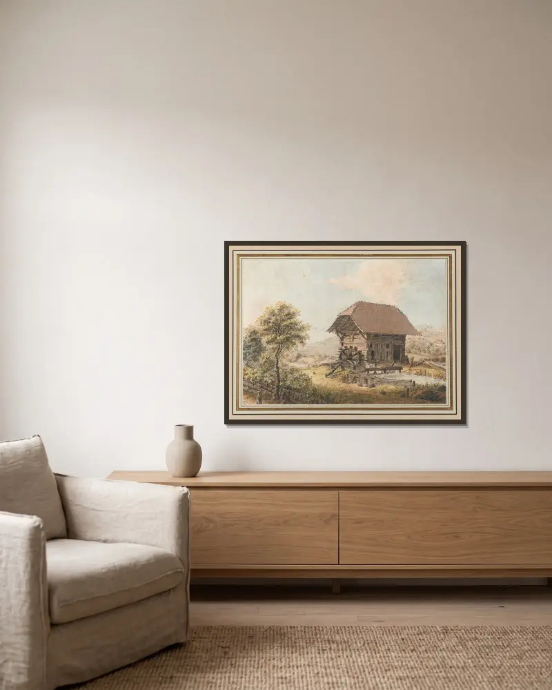 Ansicht einer Mühle im Berner Mittelland av Johann Ludwig Aberli inramad på en vägg