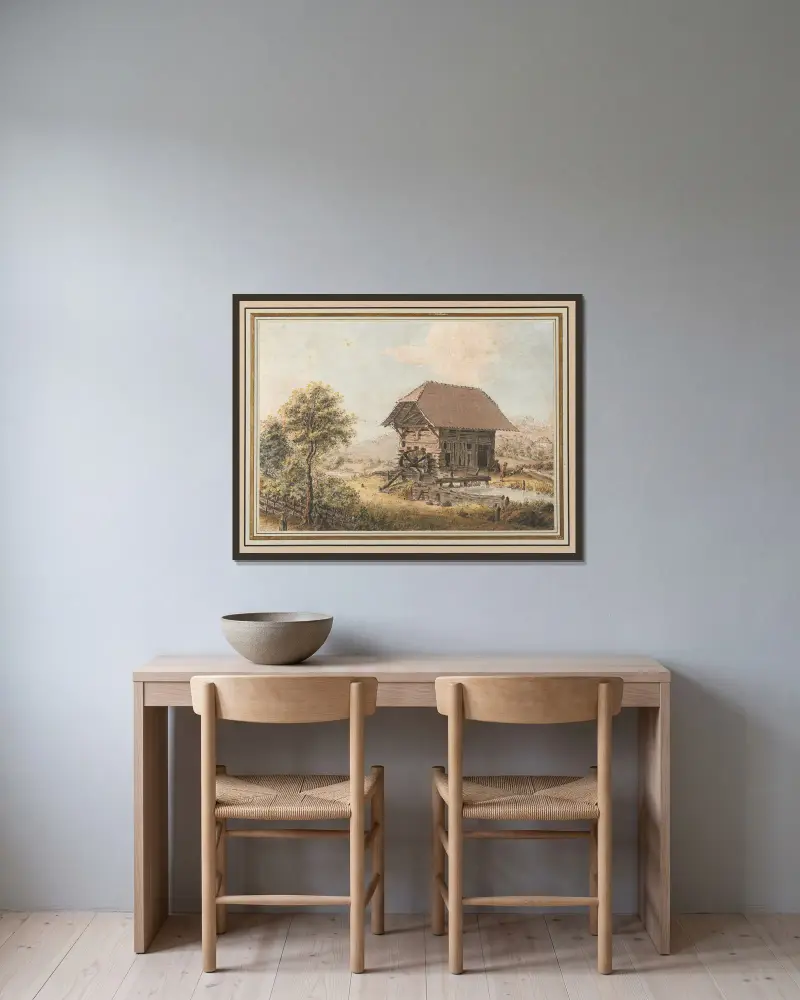 Ansicht einer Mühle im Berner Mittelland av Johann Ludwig Aberli inramad på en vägg