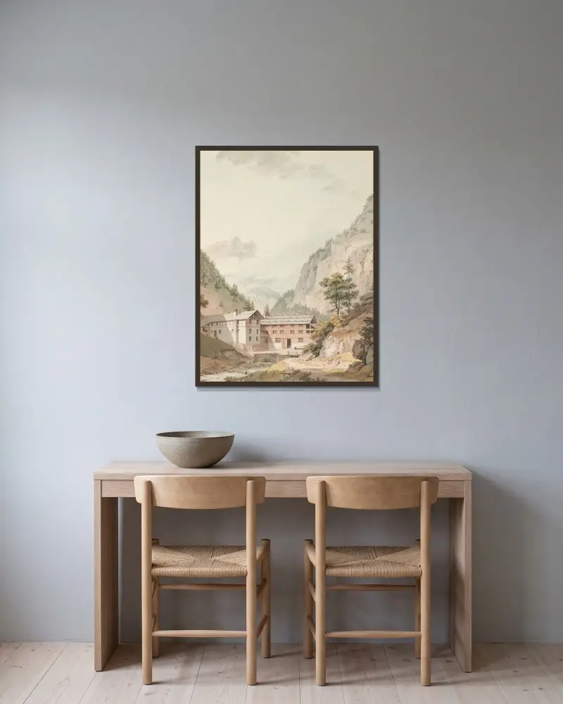 Bad Weissenburg av Johann Ludwig Aberli inramad på en vägg