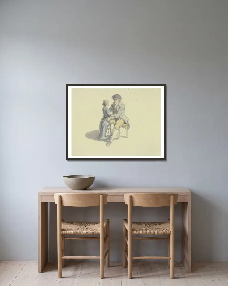 En man på en stol i samtal med en flicka av Johann Ludwig Aberli inramad på en vägg