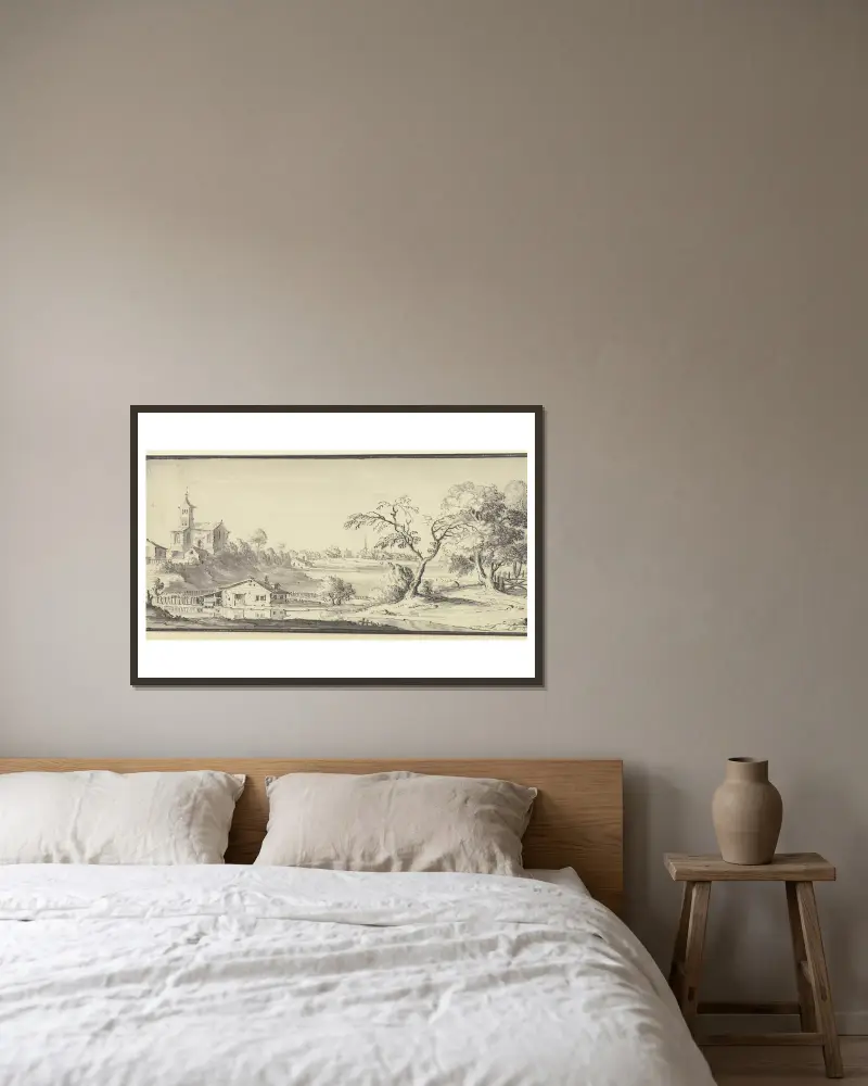 Landschaft mit einem Fluß av Johann Ludwig Aberli inramad på en vägg