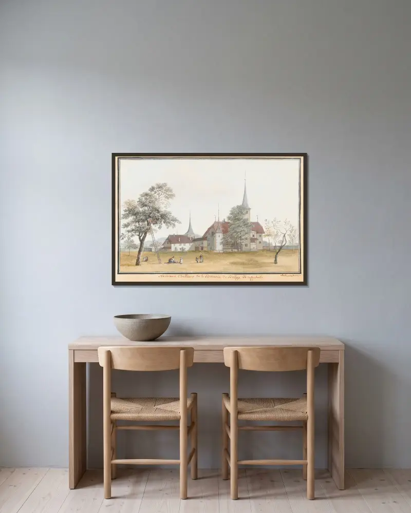 Nouveaux Chatteaux de la Baronie de Belpp; Côté du Couchant av Johann Ludwig Aberli inramad på en vägg
