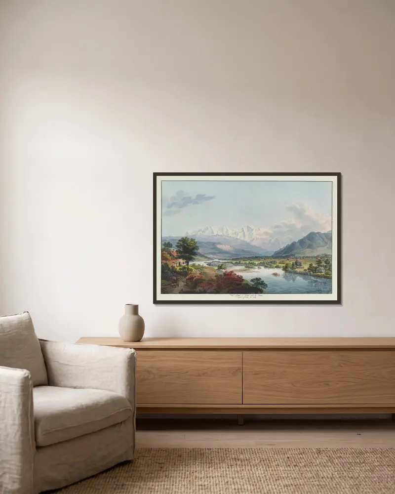 Ansicht von Mouri bei Bern von Johann Ludwig Aberli gerahmt an einer Wand