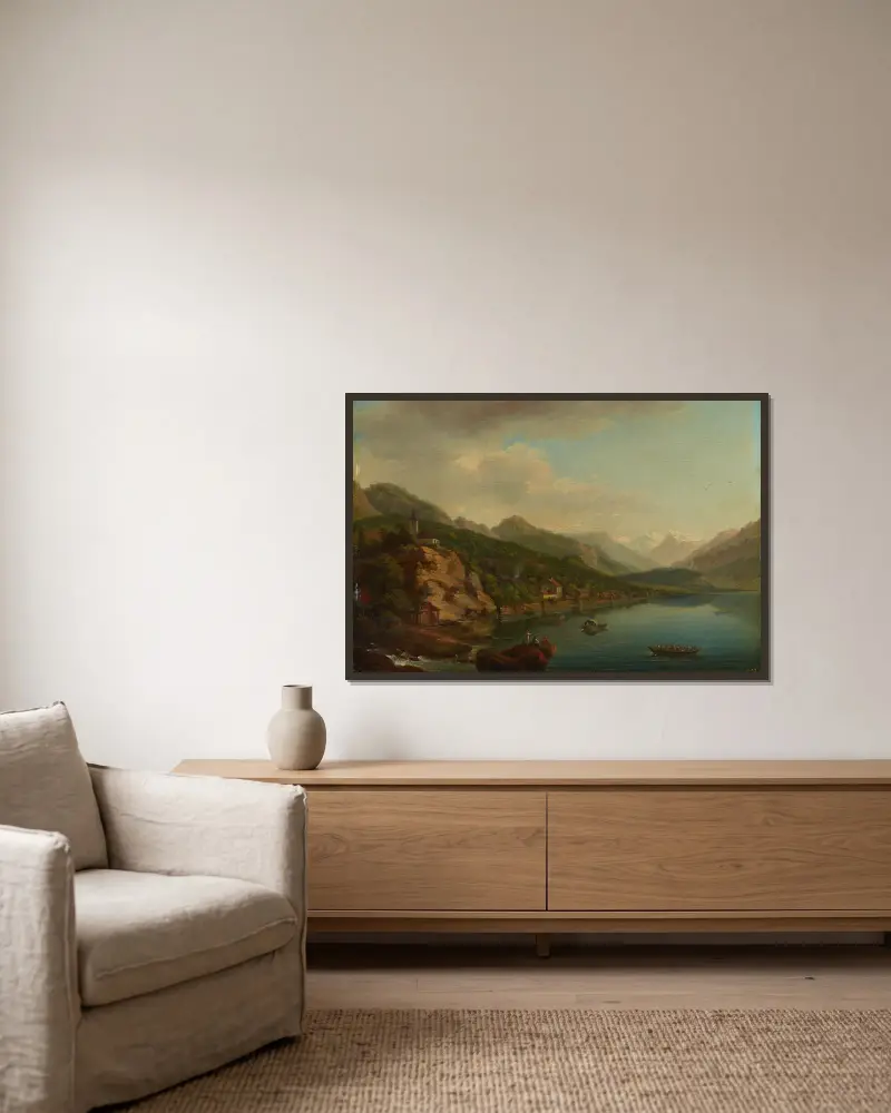 Vy över byn och sjön Brienz av Johann Ludwig Aberli inramad på en vägg