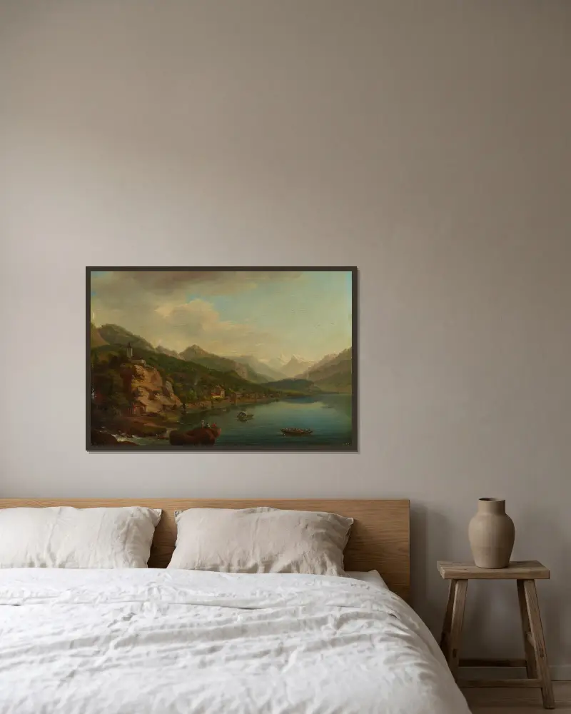 Vy över byn och sjön Brienz av Johann Ludwig Aberli inramad på en vägg