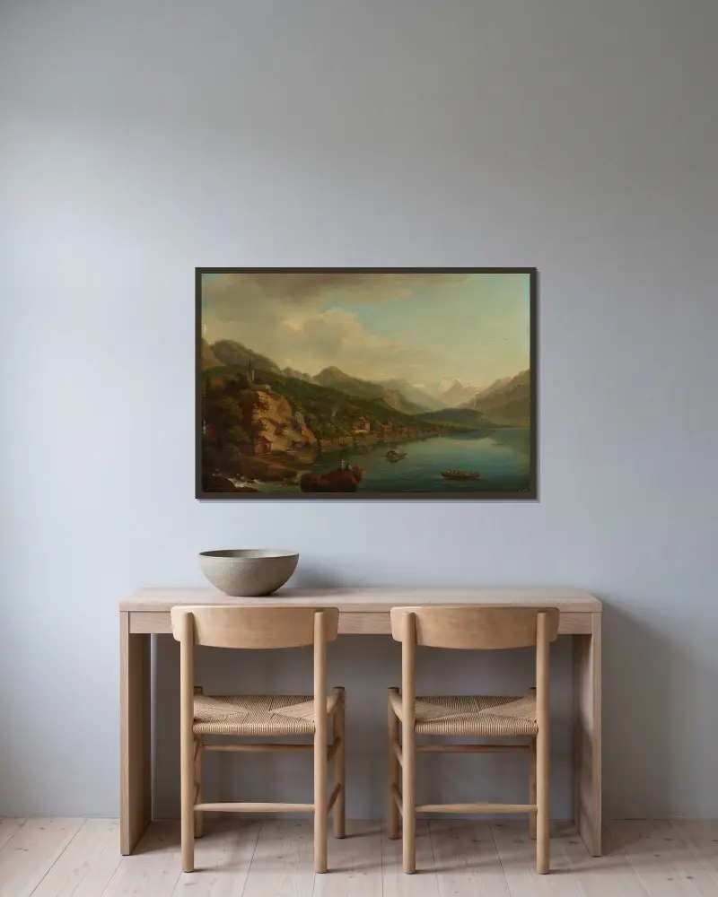 Vy över byn och sjön Brienz av Johann Ludwig Aberli inramad på en vägg