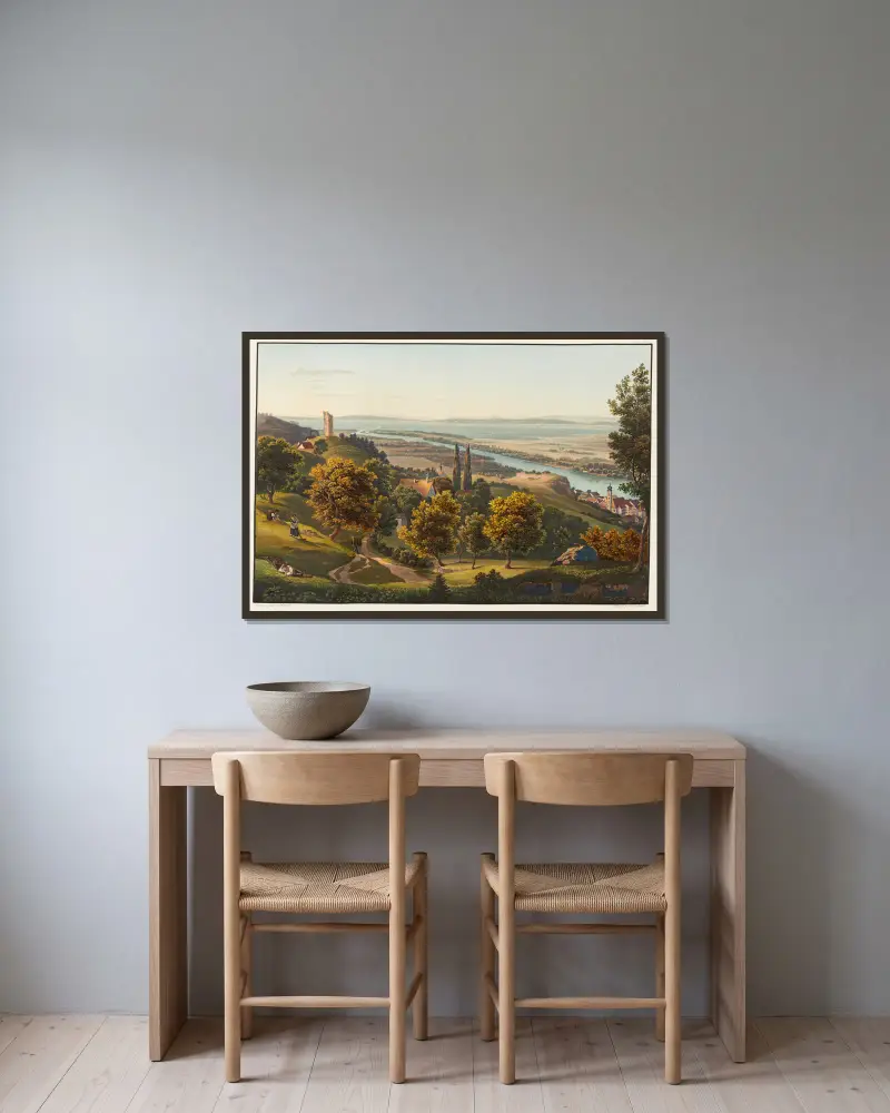 Rhens inlopp i Bodensjön med staden och ruinen Rheineck av Johann Ludwig Bleuler inramad på en vägg