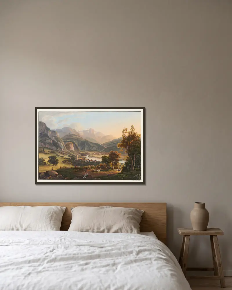Omgivningarna kring Thusis och utsikt mot Piz Beverin av Johann Ludwig Bleuler inramad på en vägg