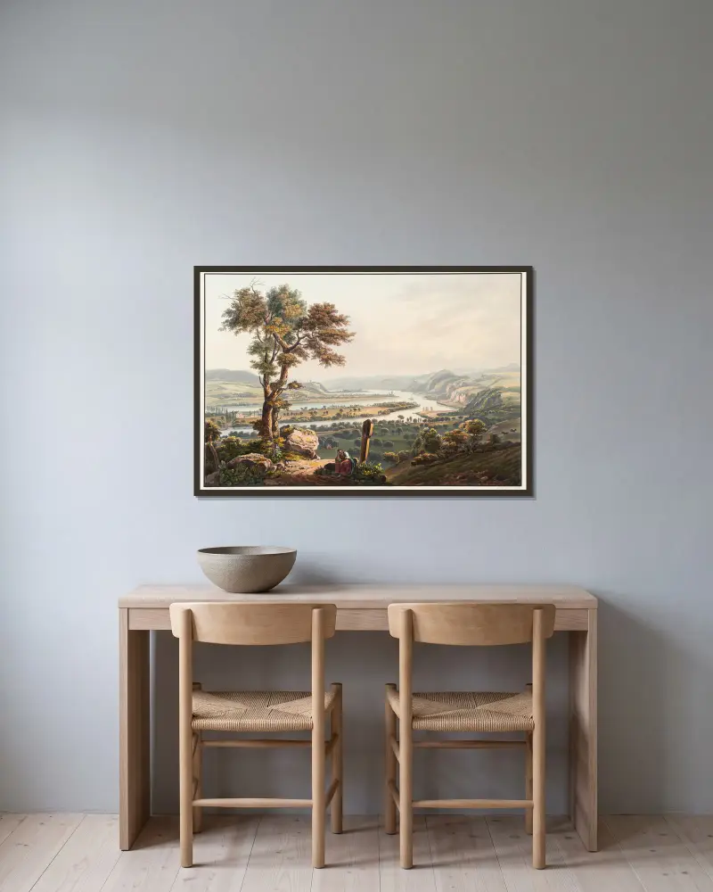 Vy från Karthaus mot slottet Stolzenfels av Johann Ludwig Bleuler inramad på en vägg