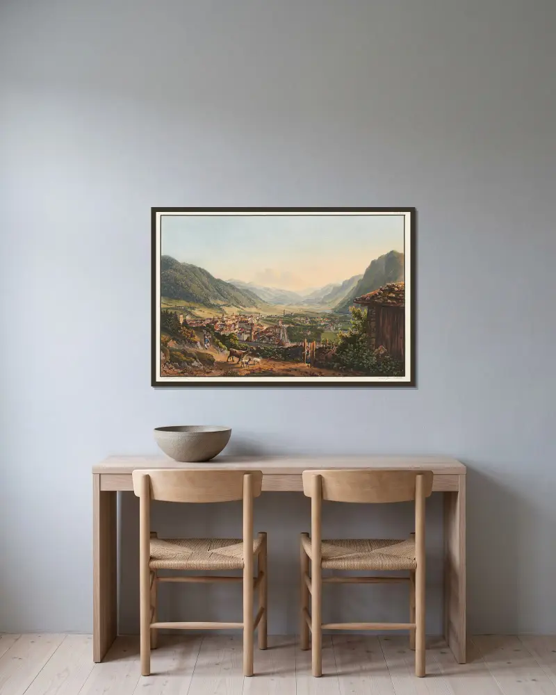 Vy över staden Chur och dess omgivningar av Johann Ludwig Bleuler inramad på en vägg