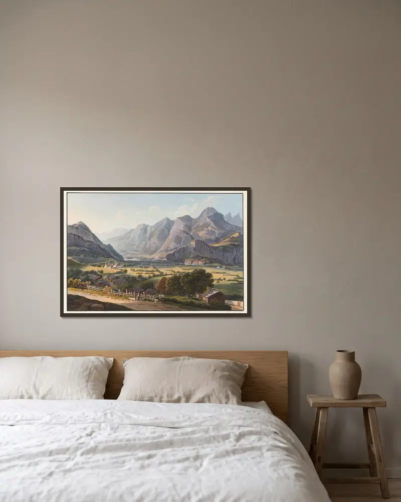 Vy över bergen vid Raticon, sedd nedanför slottet i Sargans av Johann Ludwig Bleuler inramad på en vägg