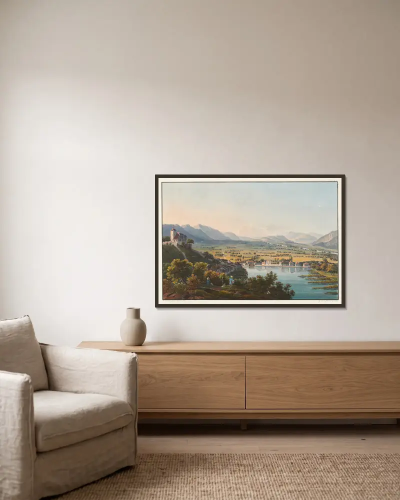 Blick auf Schloss Werdenberg und das Rheintal von Johann Ludwig Bleuler gerahmt an einer Wand