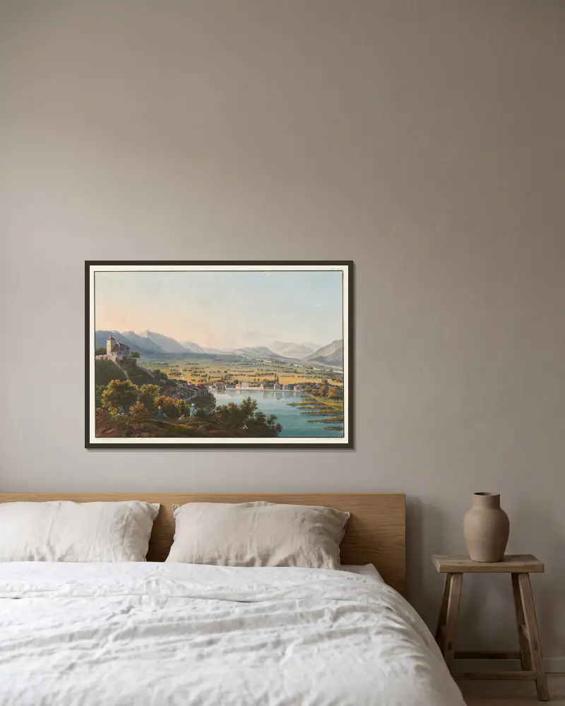 Blick auf Schloss Werdenberg und das Rheintal von Johann Ludwig Bleuler gerahmt an einer Wand