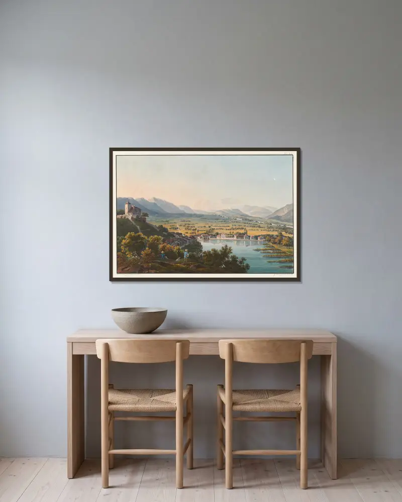 Blick auf Schloss Werdenberg und das Rheintal von Johann Ludwig Bleuler gerahmt an einer Wand