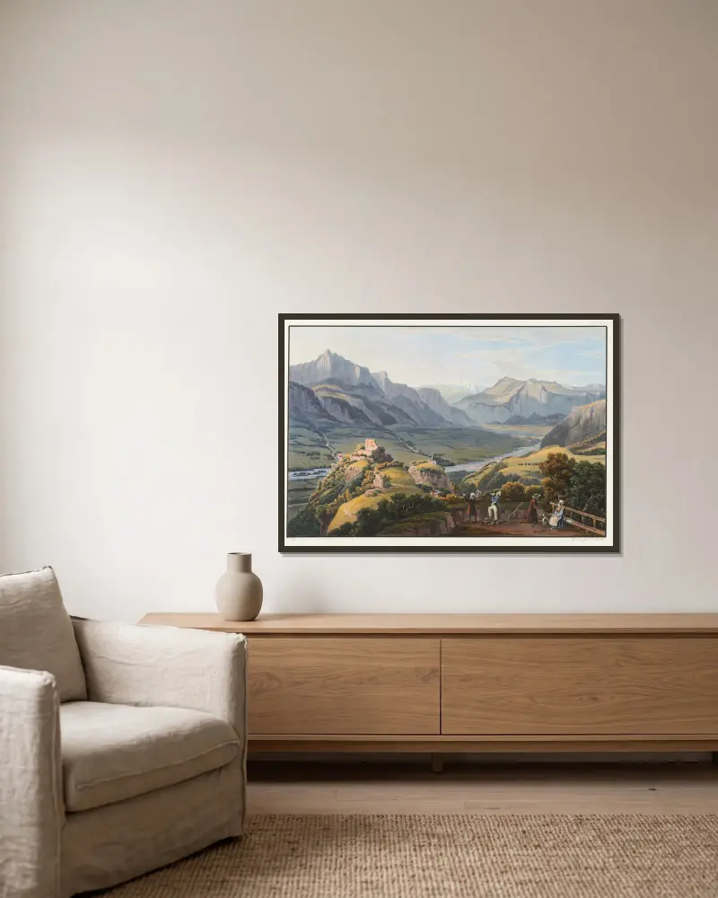 Blick auf den Mont Tabor vom Kloster Pfäfers in Richtung Pretigau von Johann Ludwig Bleuler gerahmt an einer Wand