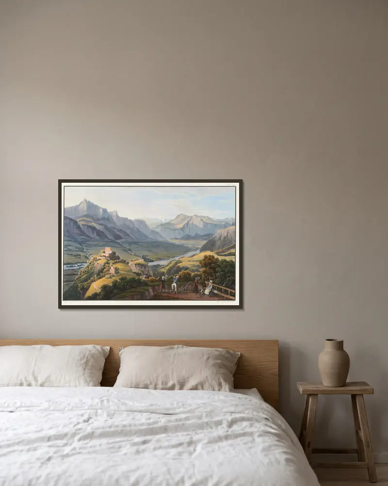 Blick auf den Mont Tabor vom Kloster Pfäfers in Richtung Pretigau von Johann Ludwig Bleuler gerahmt an einer Wand