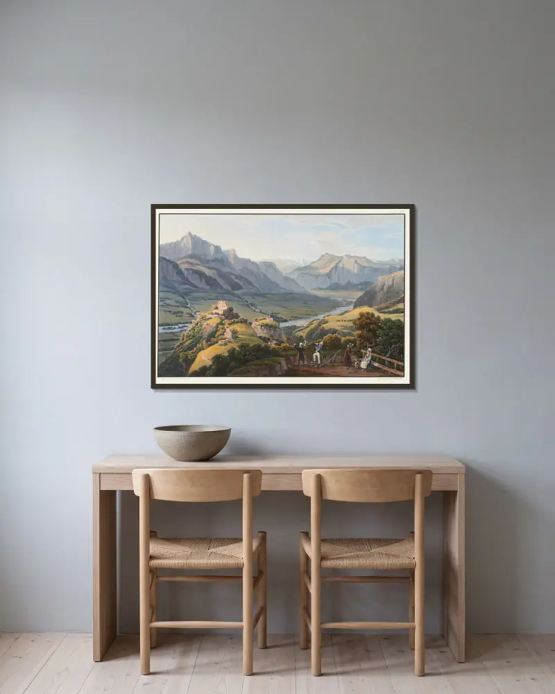 Blick auf den Mont Tabor vom Kloster Pfäfers in Richtung Pretigau von Johann Ludwig Bleuler gerahmt an einer Wand
