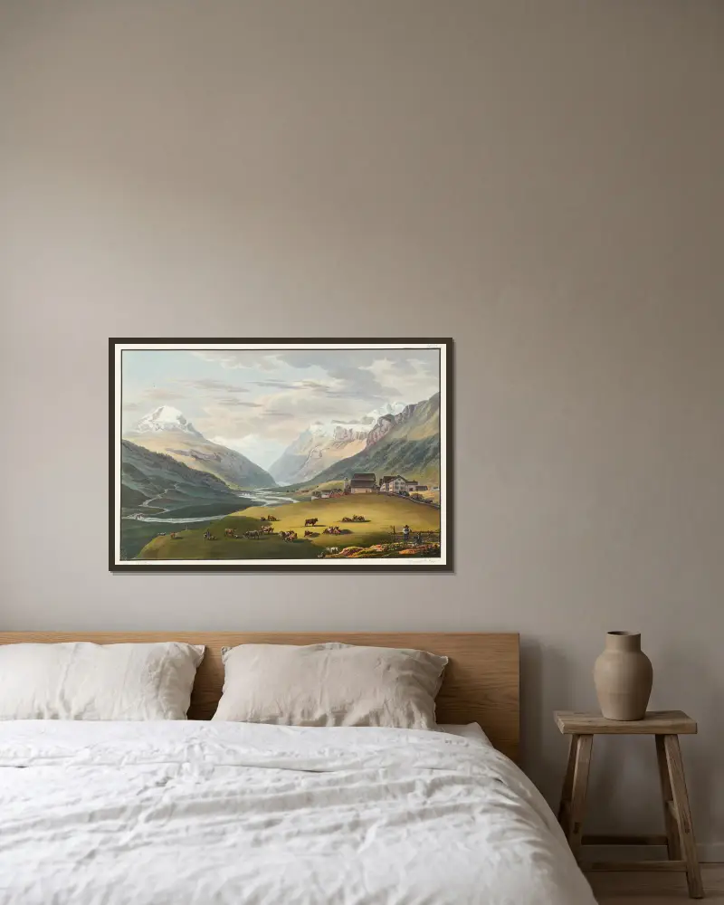 Vy över byn Hinterrhein och de första broarna över Hinterrhein, sedd mot Rhenwaldglaciären av Johann Ludwig Bleuler inramad på en vägg