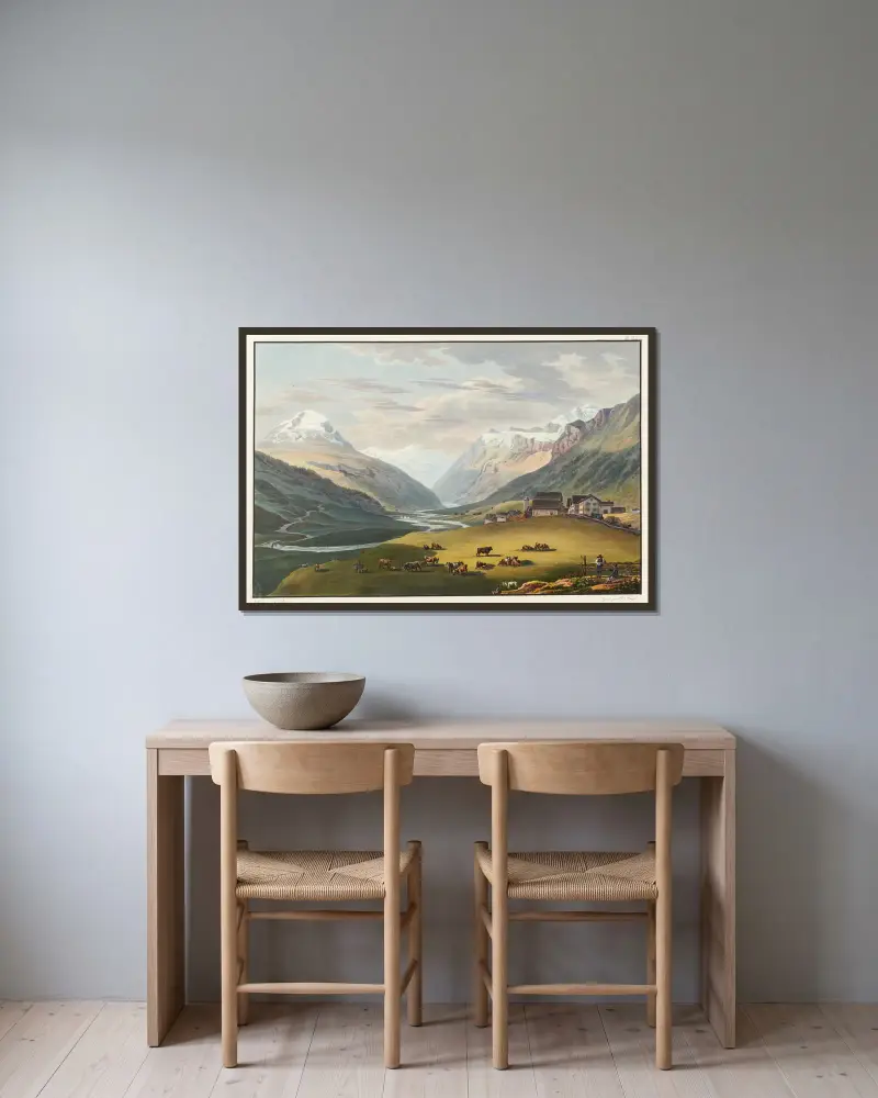 Vy över byn Hinterrhein och de första broarna över Hinterrhein, sedd mot Rhenwaldglaciären av Johann Ludwig Bleuler inramad på en vägg