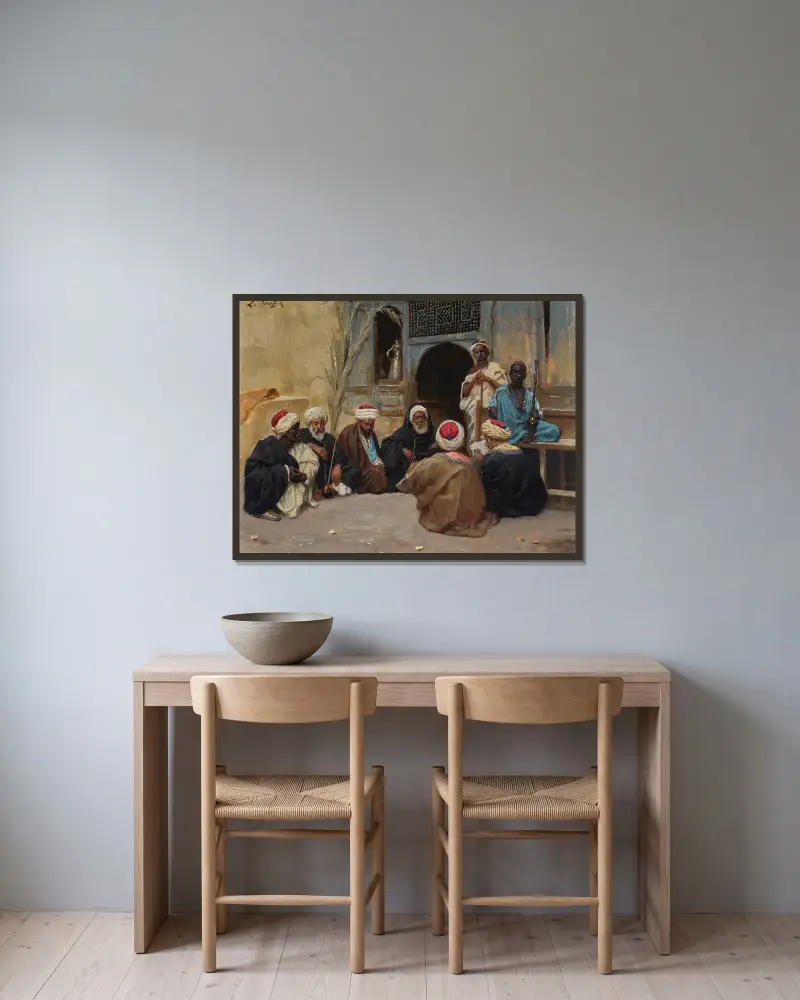 A Council Of Elders av Ludwig Deutsch inramad på en vägg