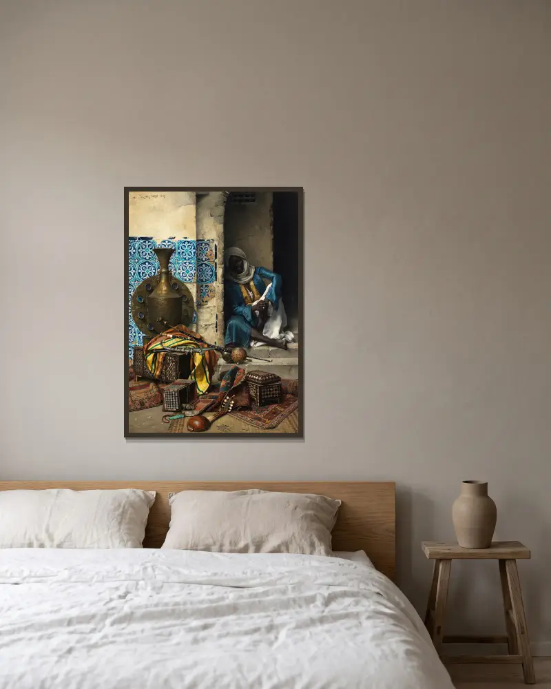 En handlare i artefakter av Ludwig Deutsch inramad på en vägg