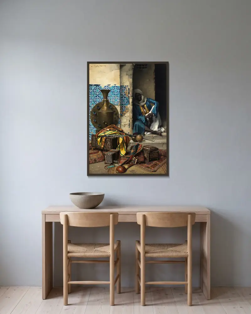 En handlare i artefakter av Ludwig Deutsch inramad på en vägg