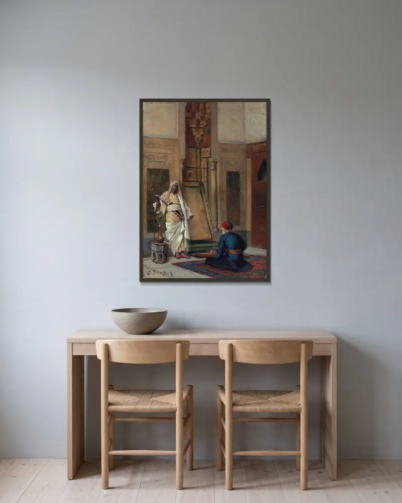Ein Musiker und eine Wache in einem orientalischen Interieur von Ludwig Deutsch gerahmt an einer Wand