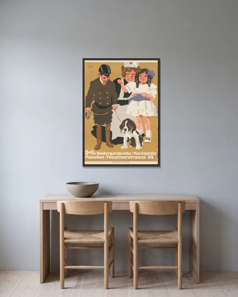 Boll’s Kindergarderobe; Max Captuller av Ludwig Hohlwein inramad på en vägg
